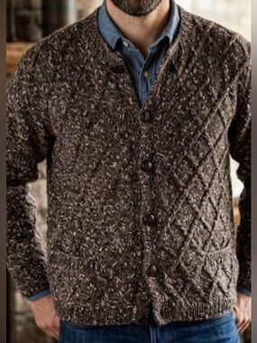 Hand Knit Textured Raised Argyle Pattern Wool Buttoned Cardigan